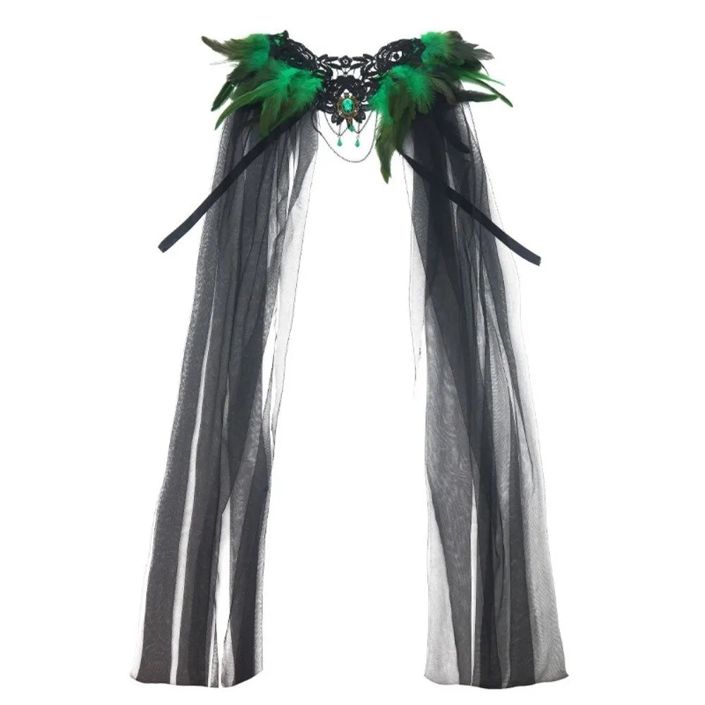 Black Halloween Feather Cloak Elegant Mesh Fringe Hollow Lace Mesh Cape Fur Collar Flowing Festival Costume Cape Gothic Carnival