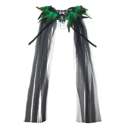 Black Halloween Feather Cloak Elegant Mesh Fringe Hollow Lace Mesh Cape Fur Collar Flowing Festival Costume Cape Gothic Carnival