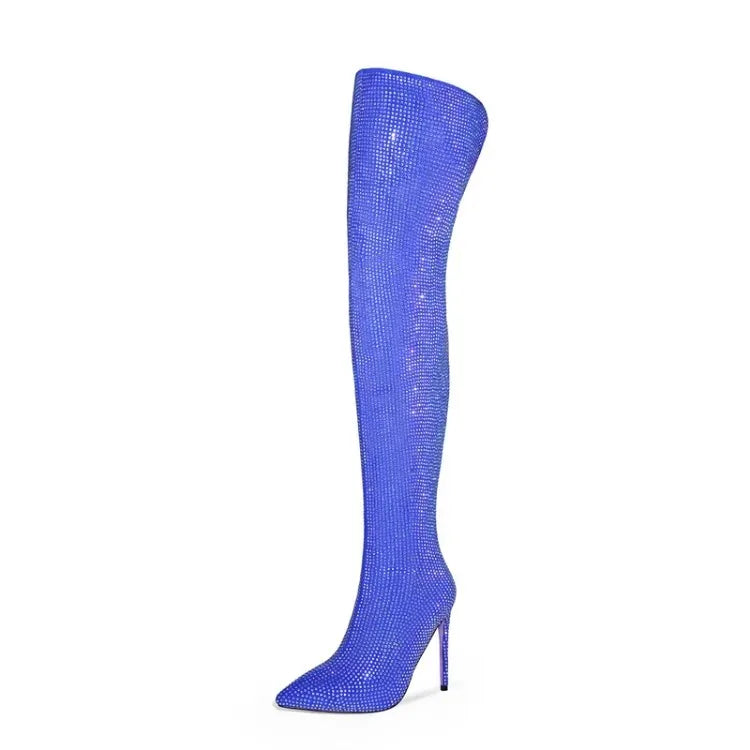 Silver Black Rhinestone 12cm High Heel Long Boots New Fashion Show Shiny Diamond Pointed Women's Over The Knee Boots Size 34-46