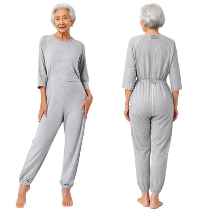 Women's Elderly Anti-Strip Adaptive Jumpsuit Back Legs Zip Long Sleeve Long Pants Nursing Rompers for Special Needs Disabilities