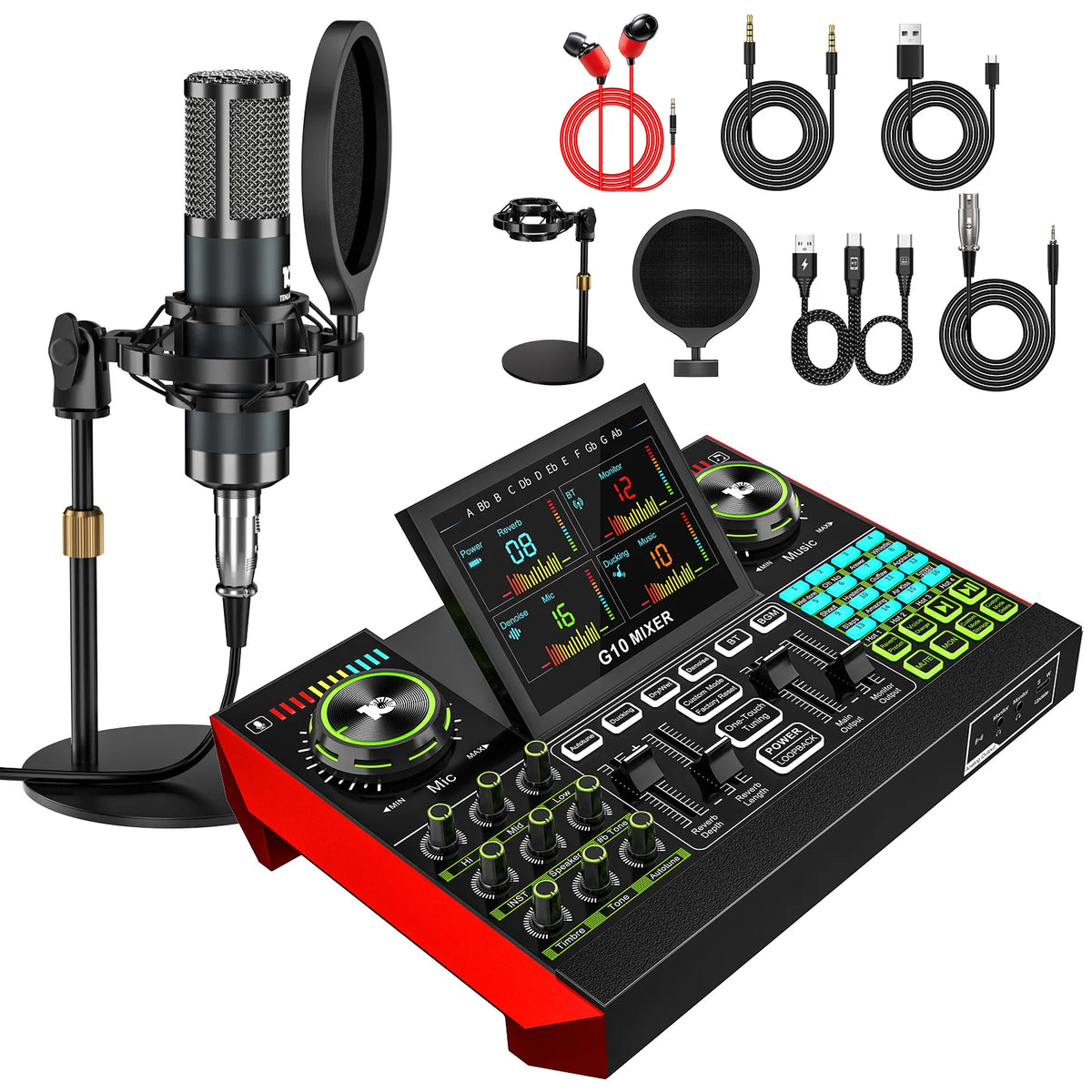 Tenlamp Podcast Equipment Bundle with Table Tripod, G10-P15B Live Sound Card Audio Mixer Kit with 3.5mm Condenser Microphone, Voice Changer Denoise for PC Smartphone Laptop, Studio Recording Streaming Gaming Singing Karaoke Y