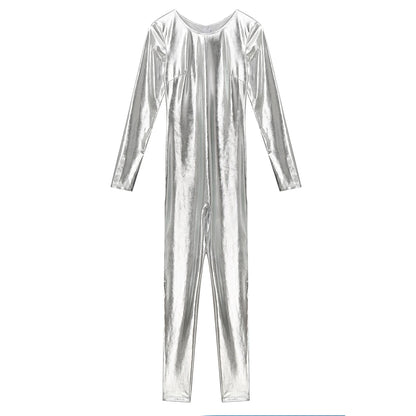 Womens Metallic Shiny Bodysuit Clubwear Long Sleeve Slim Fit Full Body Jumpsuit Nightclub Rave Party Musci Festival Costumes