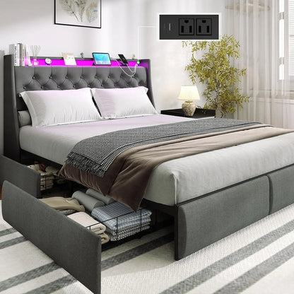 Queen Upholstered Bed Frame 4 Storage Drawers LED Lights USB Charging Headboard, Custom