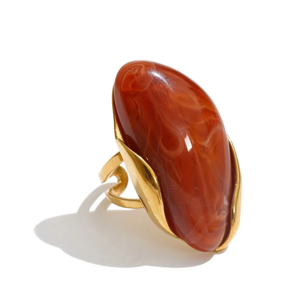 Yhpup New Design Brown Green Beige Resin Geometric Adjustable Ring Golden PVD Stainless Steel Rust Proof Finger Jewelry Gift