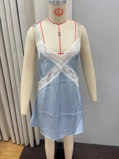 Sexy Blue Satin Lace Slip Mini Dress Women Spaghetti Strap V Neck Hollow Out Bodycon Dresses Lady Summer Beach Short Gown 2026