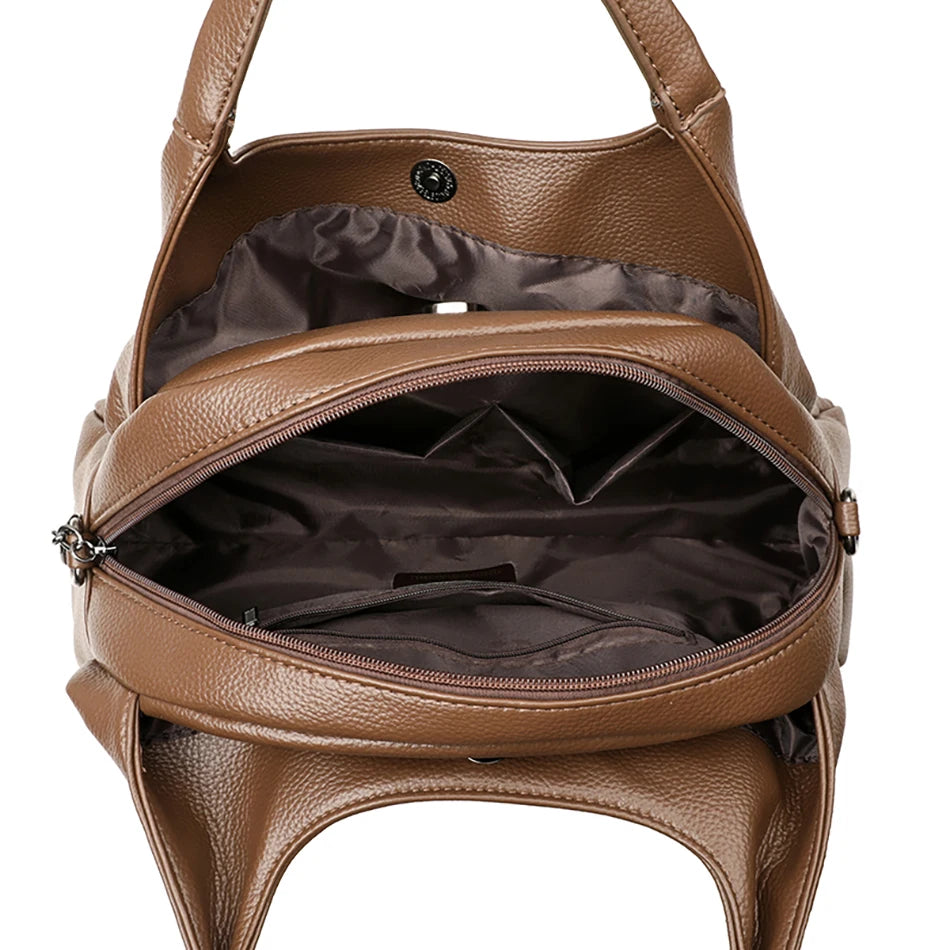 New Ladies Soft Leather Handbag Large Capacity Single Shoulder Bag Retro Solid Color Mom Bolsa Luxury Cross-Border Style Bags