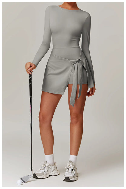 Romper Backless Set Long Sleeved Gym Sports Fitness Bodysuit Siamese Sportswear Women Clothes Jumpsuit Skirt Playsuit Yoga Suit