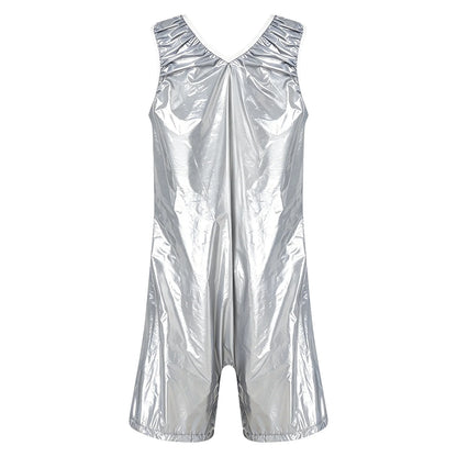 Womens Waterproof Jumpsuit Adaptive Special Needs Clothing Glossy V Neck Sleeveless Buttons Crotch Rompers Swimwear Nightwear