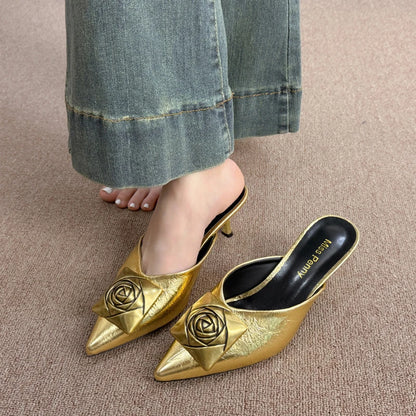 Women High Heels Slippers Summer New Luxury Fashion Gold Flower Decoration Modren Sandals Ladies Pointed Toe Mules Shoes Slides