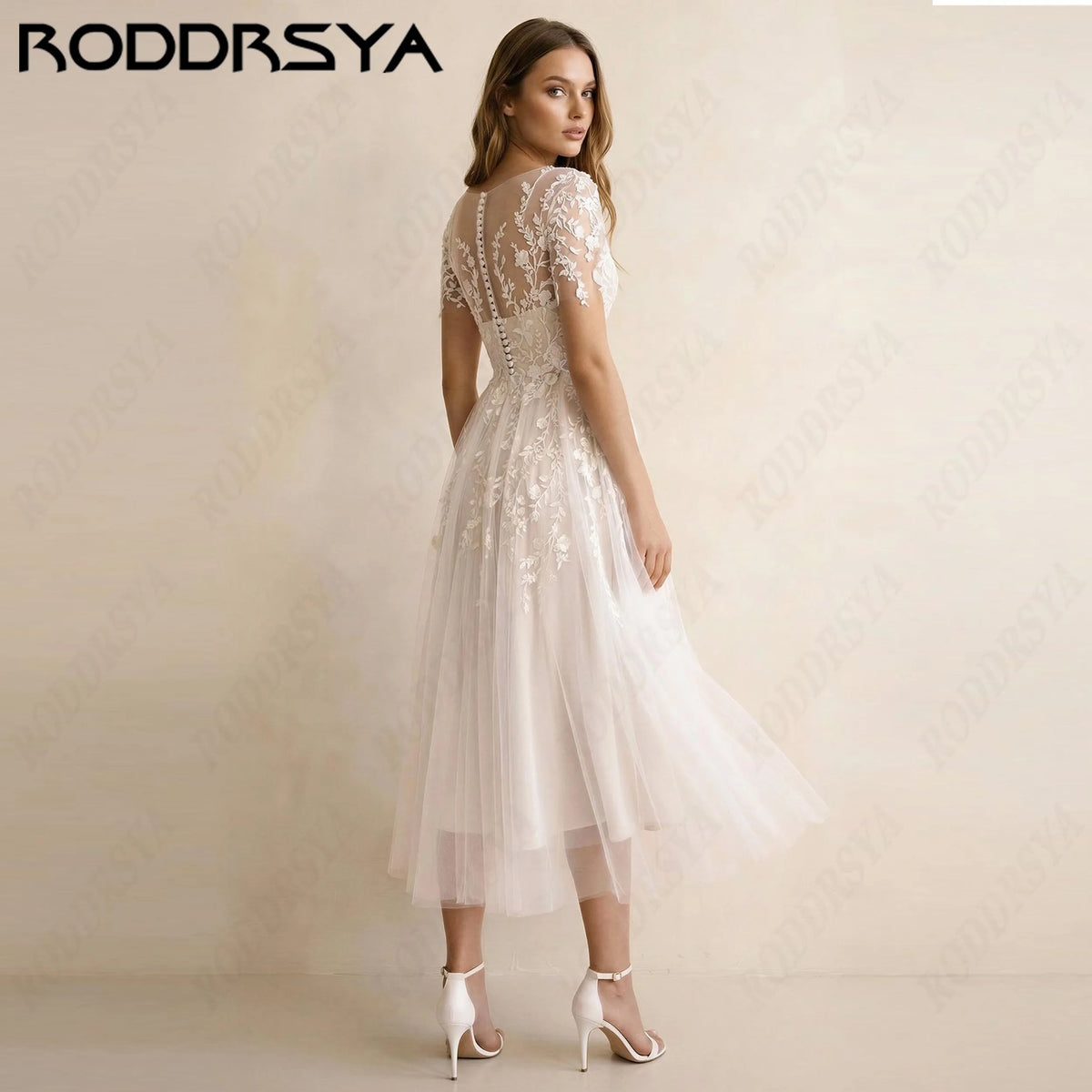 RODDRSYA Mid-Calf A-Line Customized Wedding Dresses V Neck Tulle Simple Bride Gown Short Sleeve Lace Appliques Bridal Dress