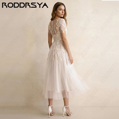 RODDRSYA Mid-Calf A-Line Customized Wedding Dresses V Neck Tulle Simple Bride Gown Short Sleeve Lace Appliques Bridal Dress
