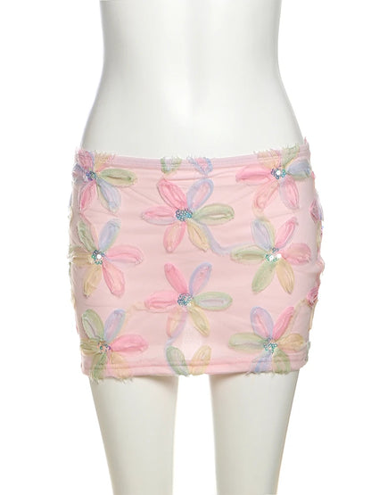 Weird Puss Colorful Flowers Skirts Women Sequins Patchwork Mesh Summer Trend Sweet Street Party Casual Holiday Chic Mini Bottoms