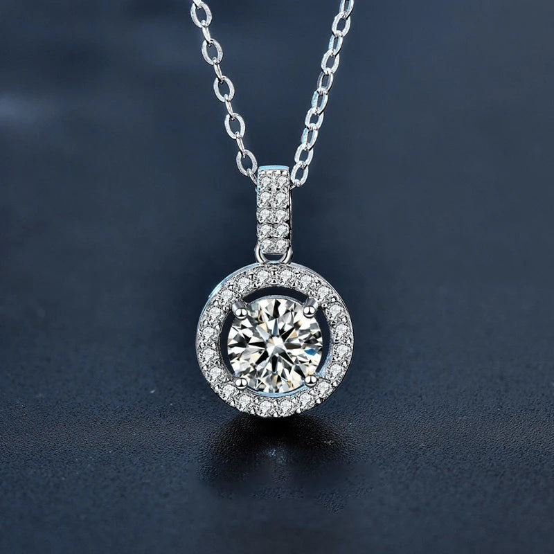A Stylish and Trendy 925 Silver 1-Carat/2-Carat Moissanite Round Pendant Necklace with a Sophisticated Design.