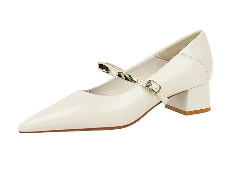 Women Korean Vintage Soft Split Cow Leather Pointed Pumps Simple Single Metal Buckle Strap Mid Chunky Heel Comfort Office Daily