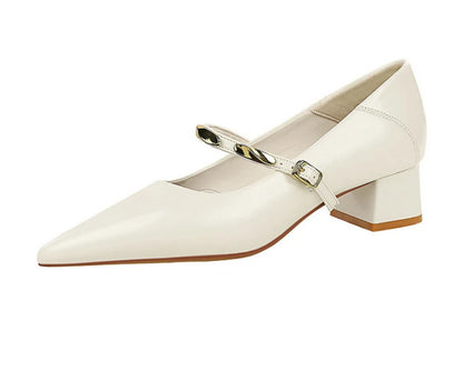 Women Korean Vintage Soft Split Cow Leather Pointed Pumps Simple Single Metal Buckle Strap Mid Chunky Heel Comfort Office Daily