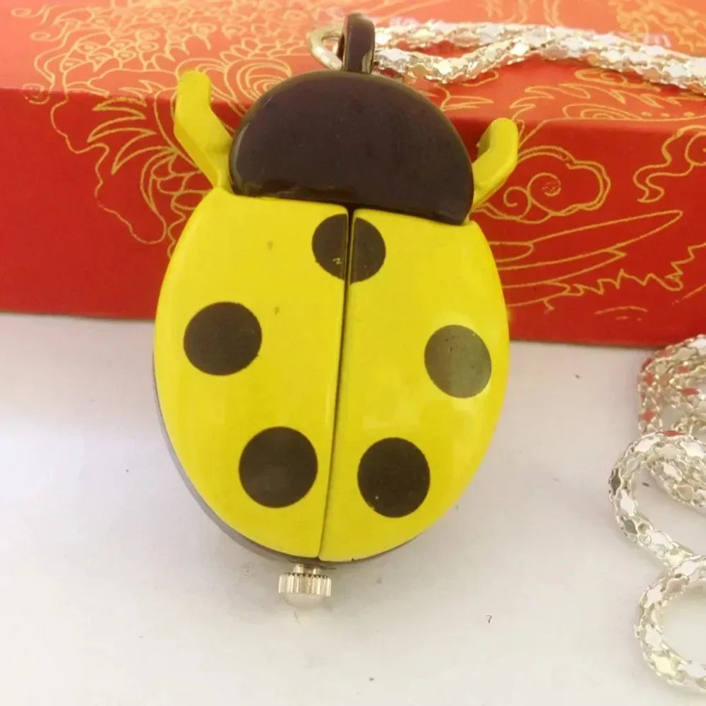 Fashion Small Golden Beetle Pocket Watchs, Cute New Adult Children Ladybug Watch,with Chain Lightweight Necklace Pendant Clock