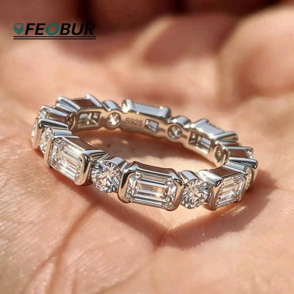 3mm Round Emerald Cut Moissanite Full Eternity Ring for Women S925 Silver Bezel Lab Diamond Promise Wedding Band Fine Jewelry