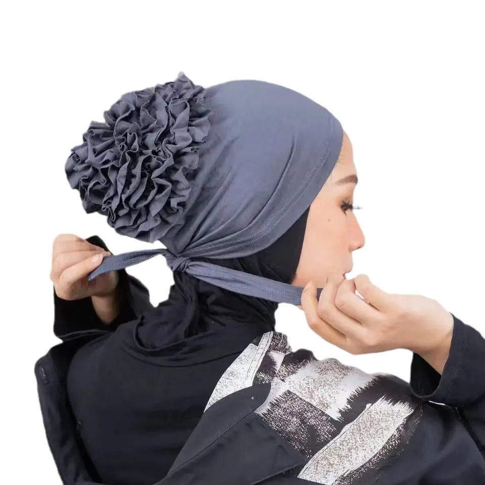 Fashionable Women's Hijabs Solid Color Hijab Turban Caps Chiffon Flower Decor Headwear Islamic Head Wrap Head Scarf Cap
