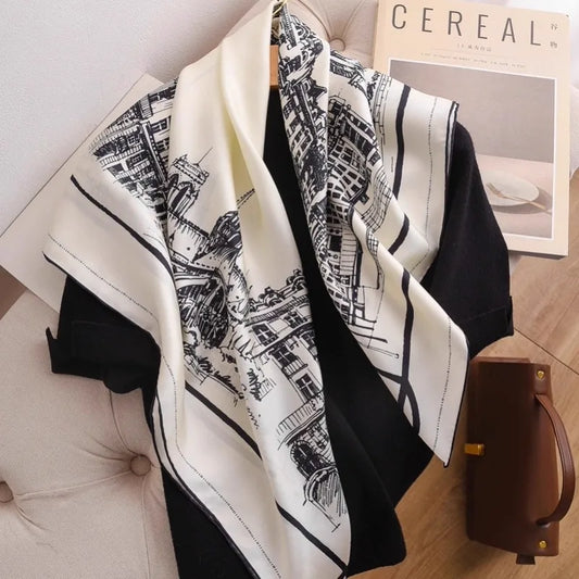 Black White View Print Twill Silk Scarf 90x90cm Women Fashion Square Neck Scarf Satin Kerchief Head Wrap Bandana Bag Decoration