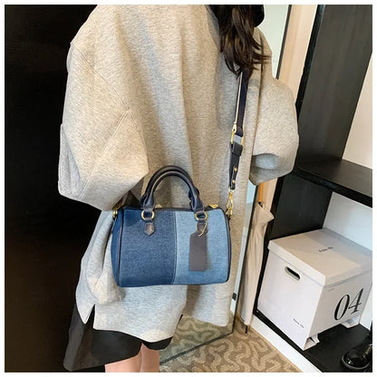 Cross Body Bags Casual Street Small Boston Bag 2025 Designer Purses Patchwork Colorblock Mini Handbags For Women Denim Shoulder