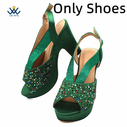 Buckle Strap Sandals Nigerian Women Shoes and Bag Set in Green Color with Wedges Heels For Ladies Party