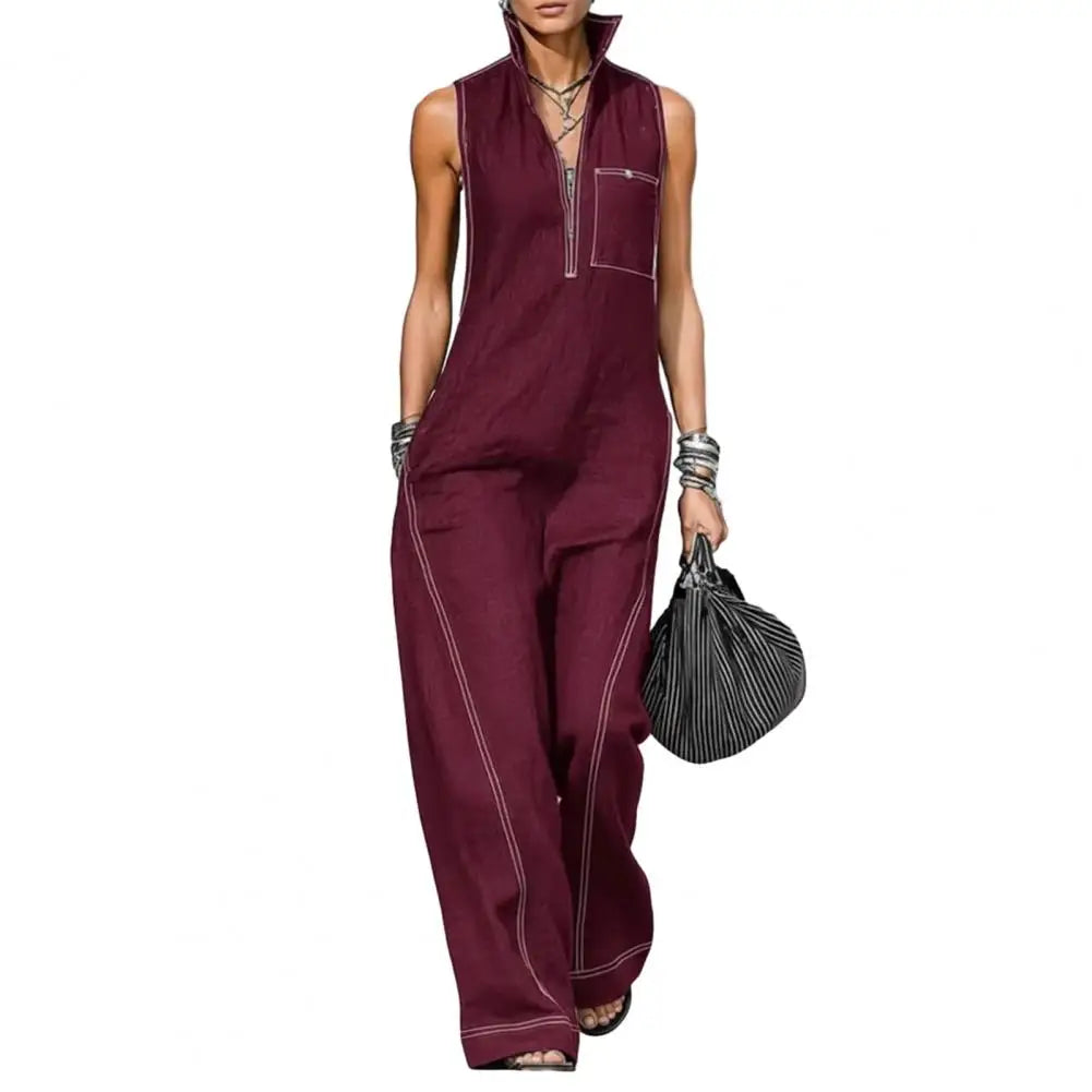 Solid Color Women Sleeveless Jumpsuit Casual Long Pants Rompers with Pockets Summer Zip Up Stand Collar One Piece Overalls