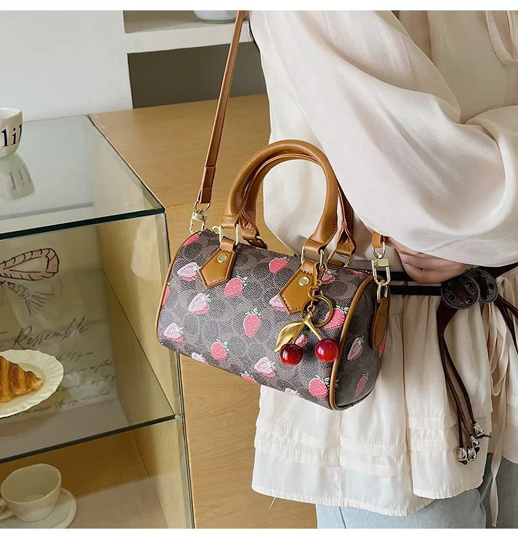 2026 Luxury Designers Crossbody Bags Cherry Pattern PU Leather Boston Handbag Shoulder Bags Bolsos Mujer Bags Woman Tote Bag