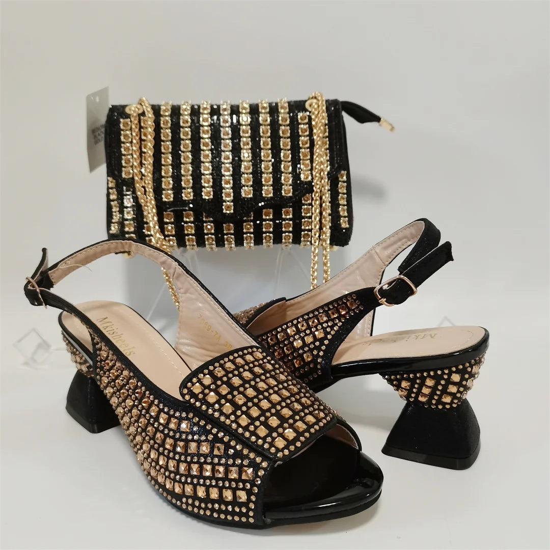 Hot Selling Blue Mid Heel Women Crystal Design Sandal with Rhinestone Bag Set For Lady Party Rhinestone Sandal Shoes F1207-3