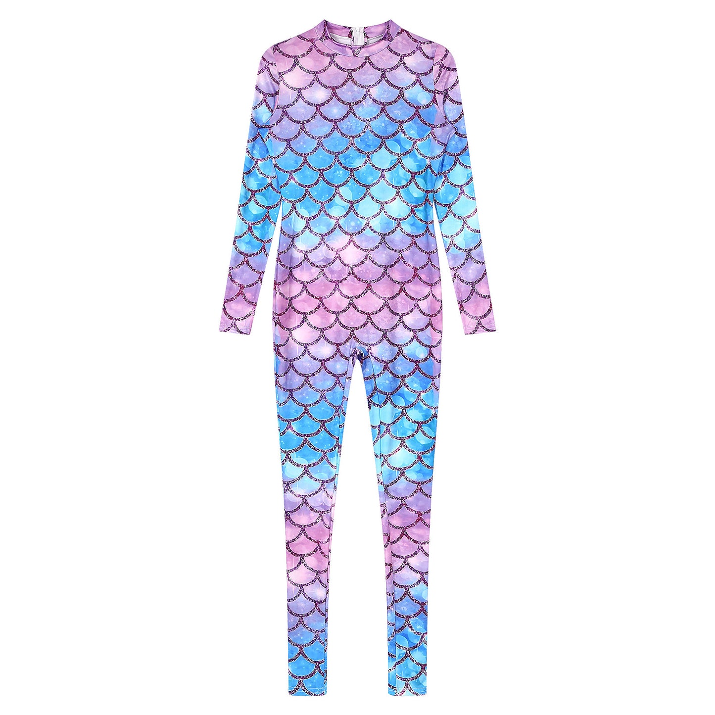 Womens Rash Guard One Piece Swimsuit Mermaid Fish Scale Print Long Sleeve Back Zipper Full Body Tops Sexy Swimwear Jumpsuit