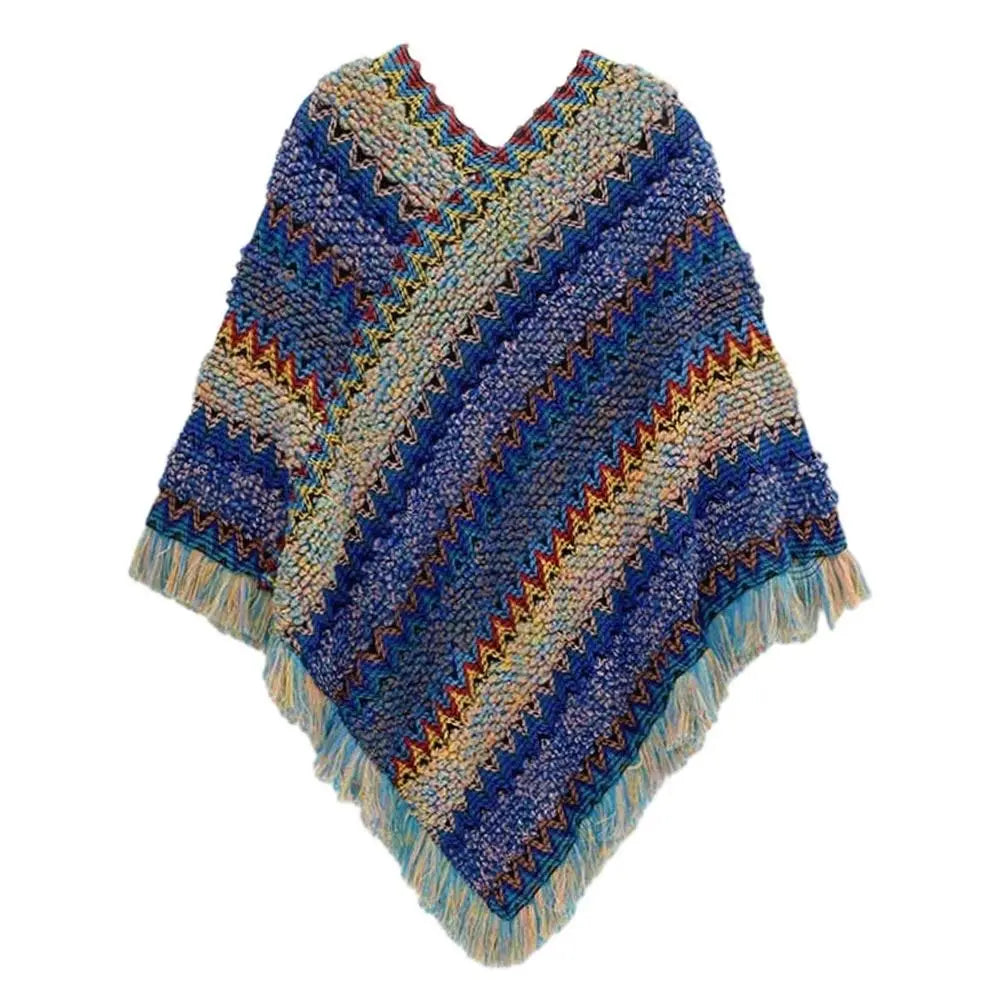 Coat Overlays Winter Warm Mongolian Poncho Striped Polyester Knitting Wraps Ethnic Style Pullover Tassel Shawl Women Fashion