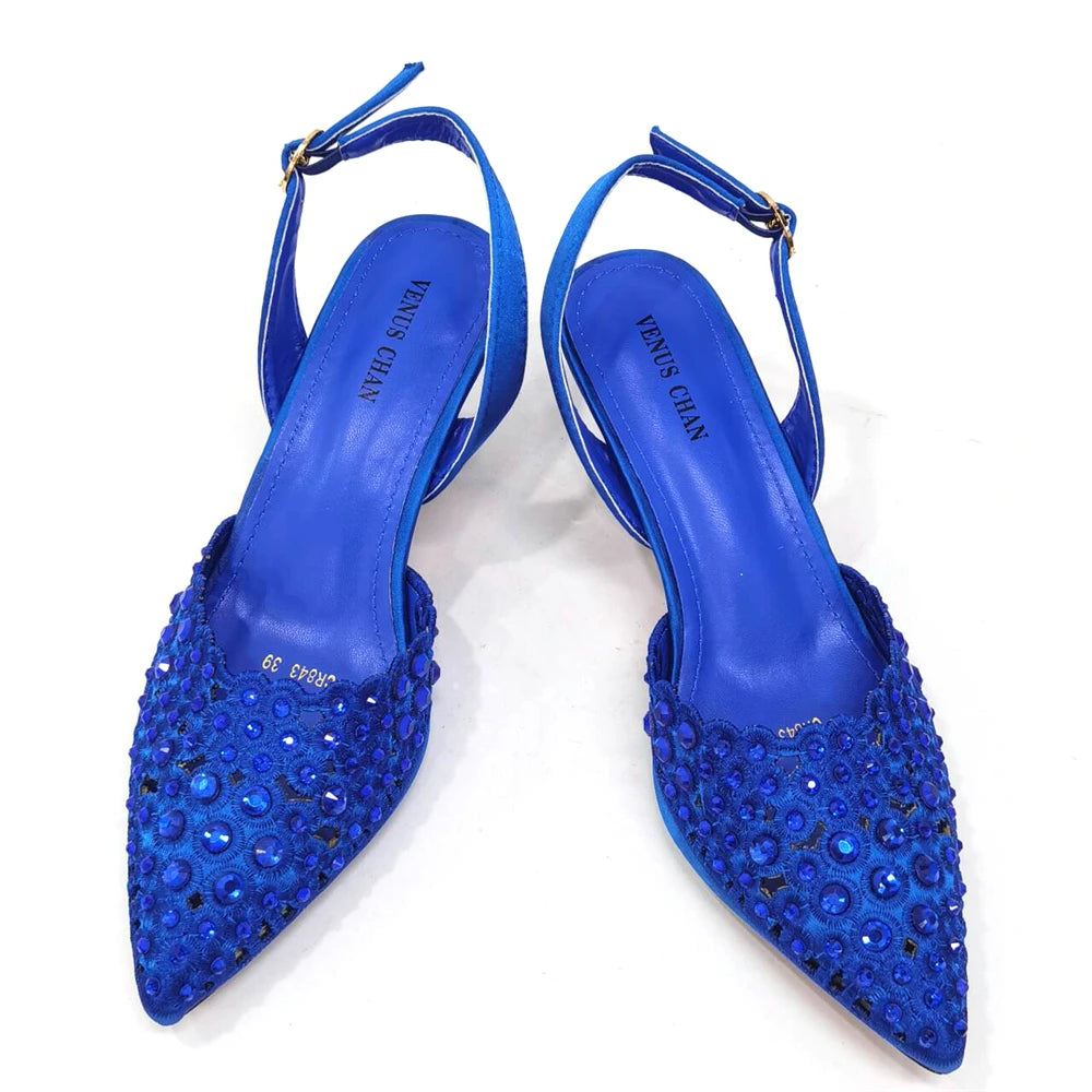 Venus Chan New Arrival Italian Design Nigerian Fashion Party Wedding Shoes and Bag Set Decorated With Flower in Blue Color
