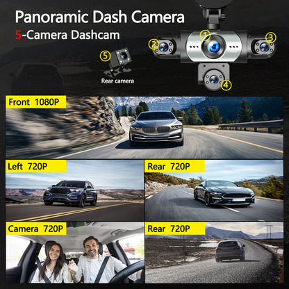 BCUOZ 5-Lens 360° Dashcam with Super Night Vision - 1080P Front 720P Rear Left Right Car Cameras Loop Recording G-Sensor WDR 12-24V Plug Power Supply Optional 64GB Memory Card