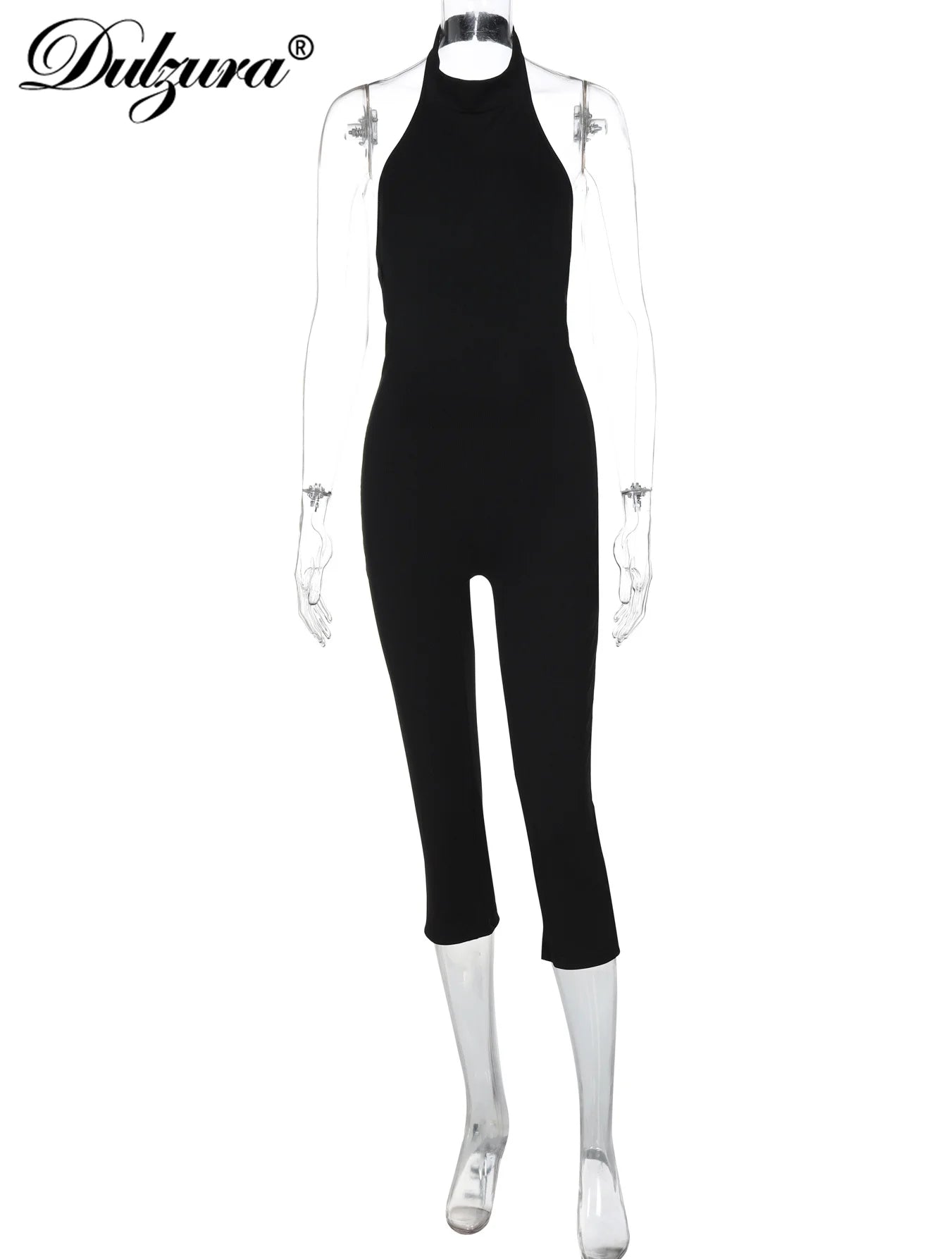 Dulzura Women'S Halter Sleeveless Backless Ribbed Single Breasted Jumpsuit Solid Sexy Casual Romper Party Club Street Clothes