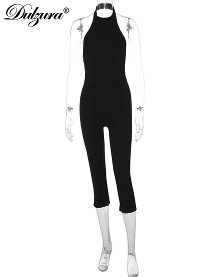 Dulzura Women'S Halter Sleeveless Backless Ribbed Single Breasted Jumpsuit Solid Sexy Casual Romper Party Club Street Clothes