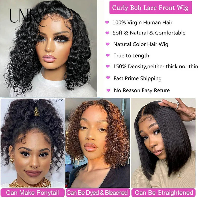Short Curly Human Hair Bob Wig Curly Lace Front Human Hair Wigs ForWomen PrePlucked Brazilian Glueless 13x4 Lace Wig Unikyhair