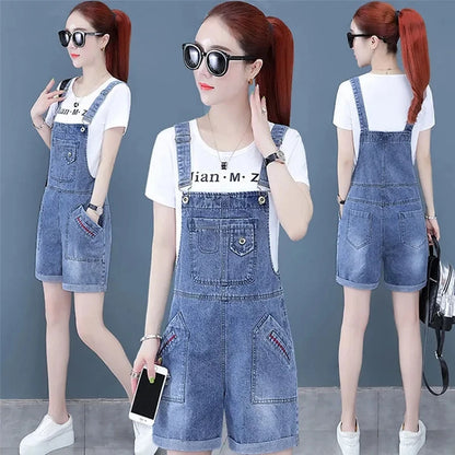 Denim Rompers Women Summer Baggy Solid Suspender Jeans Student Jeans Jumpsuit Korean Style Casual Denim Shorts Strap Dresses