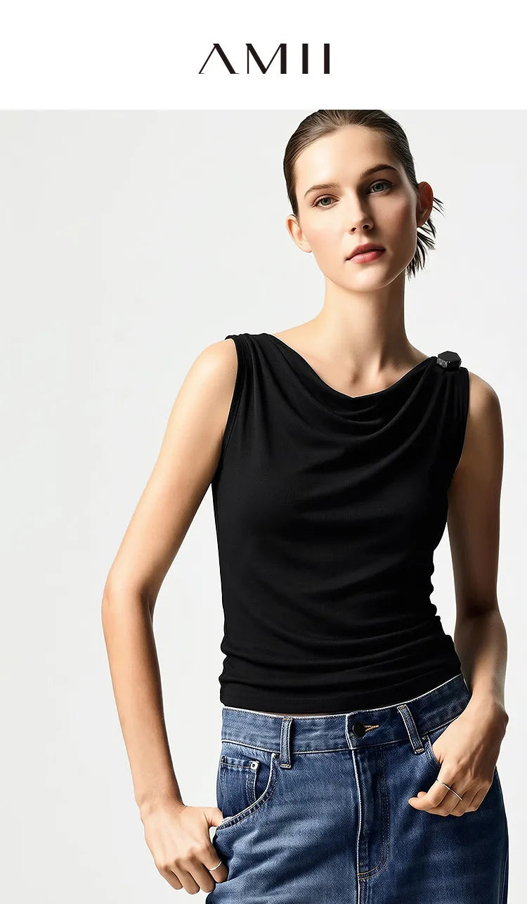 Amii Cowl Neck Women's Tank Top 2026 Summer New Stretch Knit Sleeveless Camisole Loose Casual Holiday Vest For Women 12622062