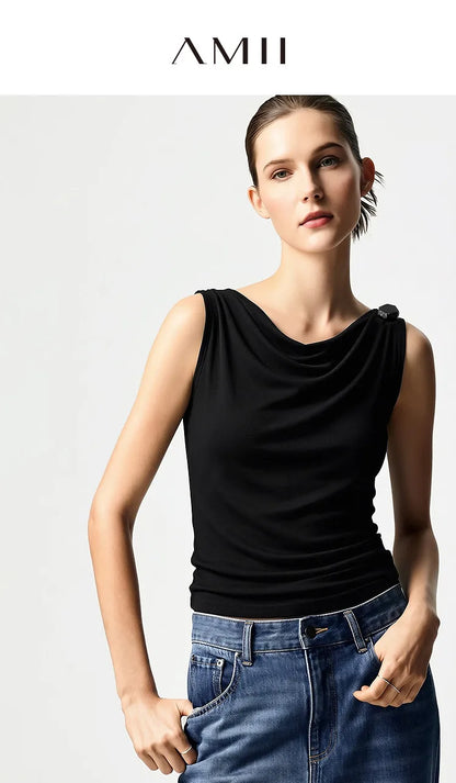 Amii Cowl Neck Women's Tank Top 2026 Summer New Stretch Knit Sleeveless Camisole Loose Casual Holiday Vest For Women 12622062