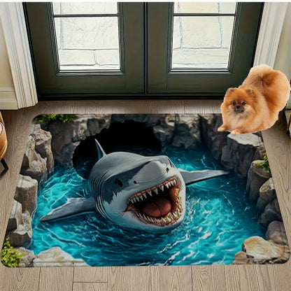 Shark 3D Printed Flannel Rug Ocean Cave Design Indoor Floor Mat Marine Animal Theme Home Decor Living Room Entrance Art Pet
