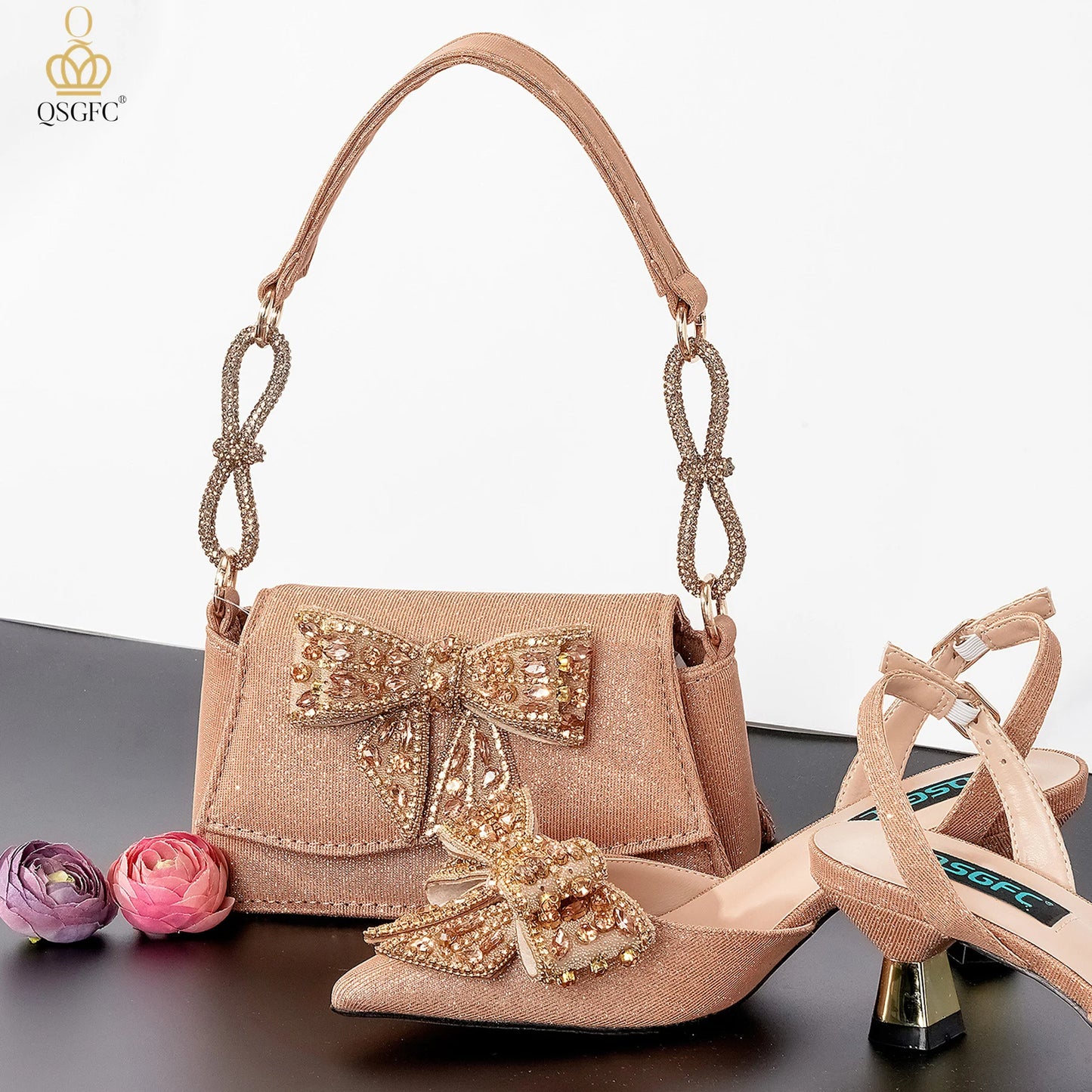 QSGFC Italian Design Red Elegant Women's Heels Fashion Crystal Bow Pointed Toe Sandals Nigeria Shoes Bag Set For Women