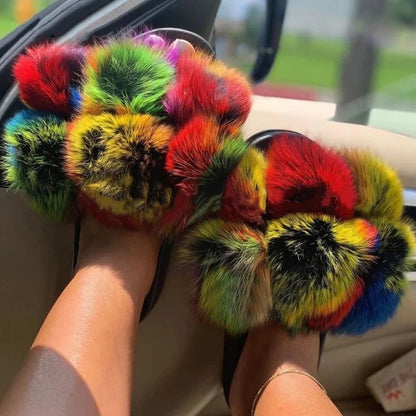 Natural Fox Fur Slippers, Fashionable Outdoor Multi-Color Animal Hair Slippers, Women's Gifts, Soft EVA Sole Slippers, On Trend