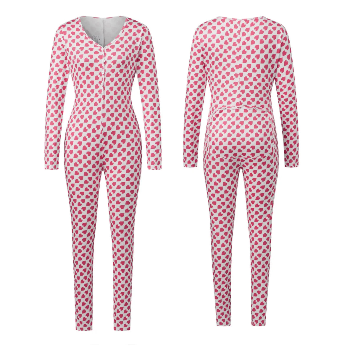 Womens Heart Printed Lounge Jumpsuits Button Up V Neck Long Sleeve Bodycon Romper Overalls for Daily Life Valentine's Day
