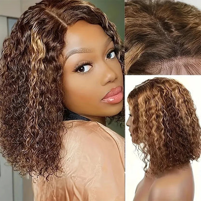 4/27 Highlight Short Bob Deep Water Wave 13x4 Lace Front Wigs 100% Human Hair Honey Blonde Ombre Colored Curly Lace Frontal Wig