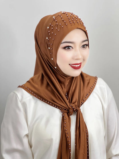 2026 Fashion Versatile Beaded Hijab for Women,Mid-Length Convenient Pull-over Hat Scarf,Malay Shawl Pure Color Women's Headscarf