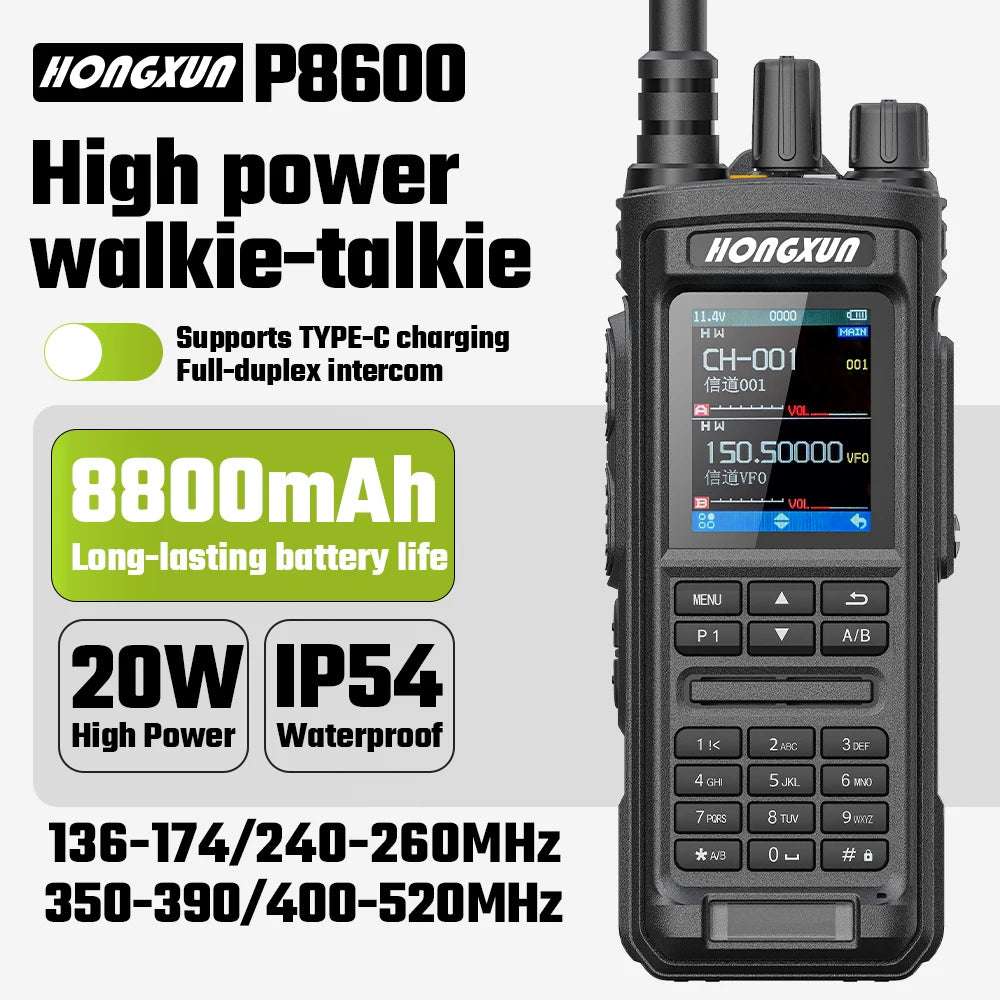 HX P8600 IP68 Handheld Walkie Talkie 10-20KM 136-174/400-520MHz LED Large Screen VOX FM Radio Long Range 20W Two Way Radio