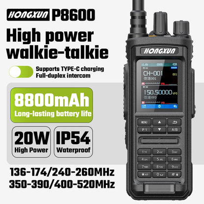 HX P8600 IP68 Handheld Walkie Talkie 10-20KM 136-174/400-520MHz LED Large Screen VOX FM Radio Long Range 20W Two Way Radio