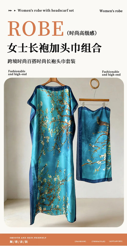Women Boho Print Maxi Caftan Beach Shawl Elegant Holiday Silk Feeling Party Dress Scarf Summer Robe Turban Suit Pashmina Poncho