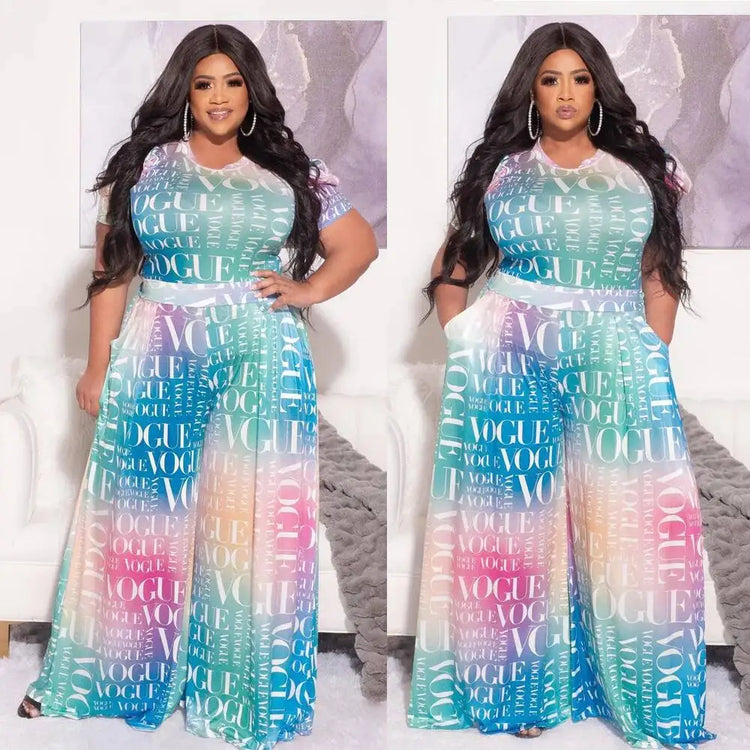 Loose Women's 2025 Summer Wide Leg Pants Letter Printed Short Sleeves Bubble Sleeves Large Size Jumpsuit