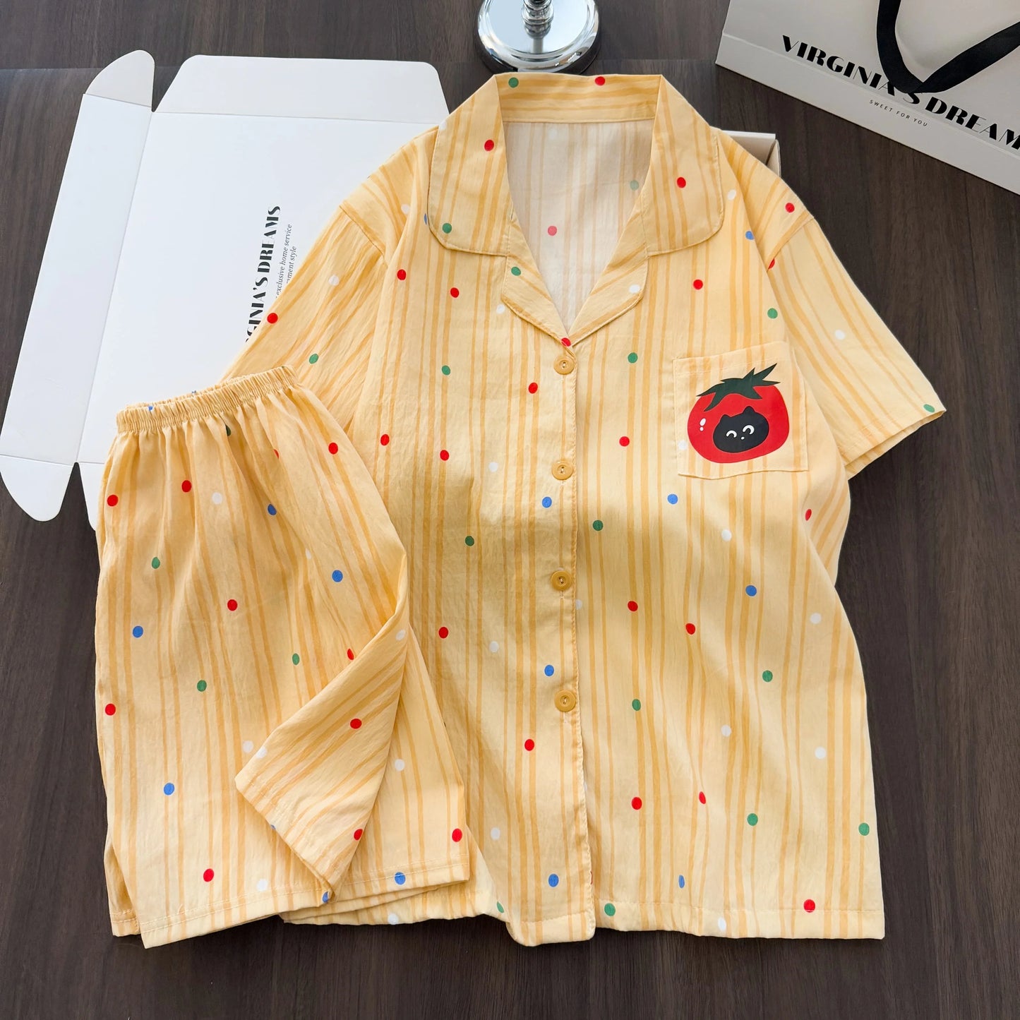 Women Summer Lapel Open Front Pajama Set Short Sleeve Top Shorts, Sweet Ins Teen Loungewear, Casual Daily Outdoor Home Wear Suit