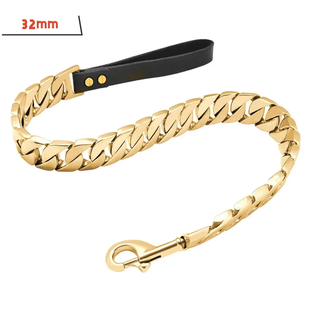 Traction Solid Super Strong Gold Collar Stainles Steel Dog Leash Pet Lead Chain 32mm 19mm Bulldog Pitbull Large Dog Collar Leash